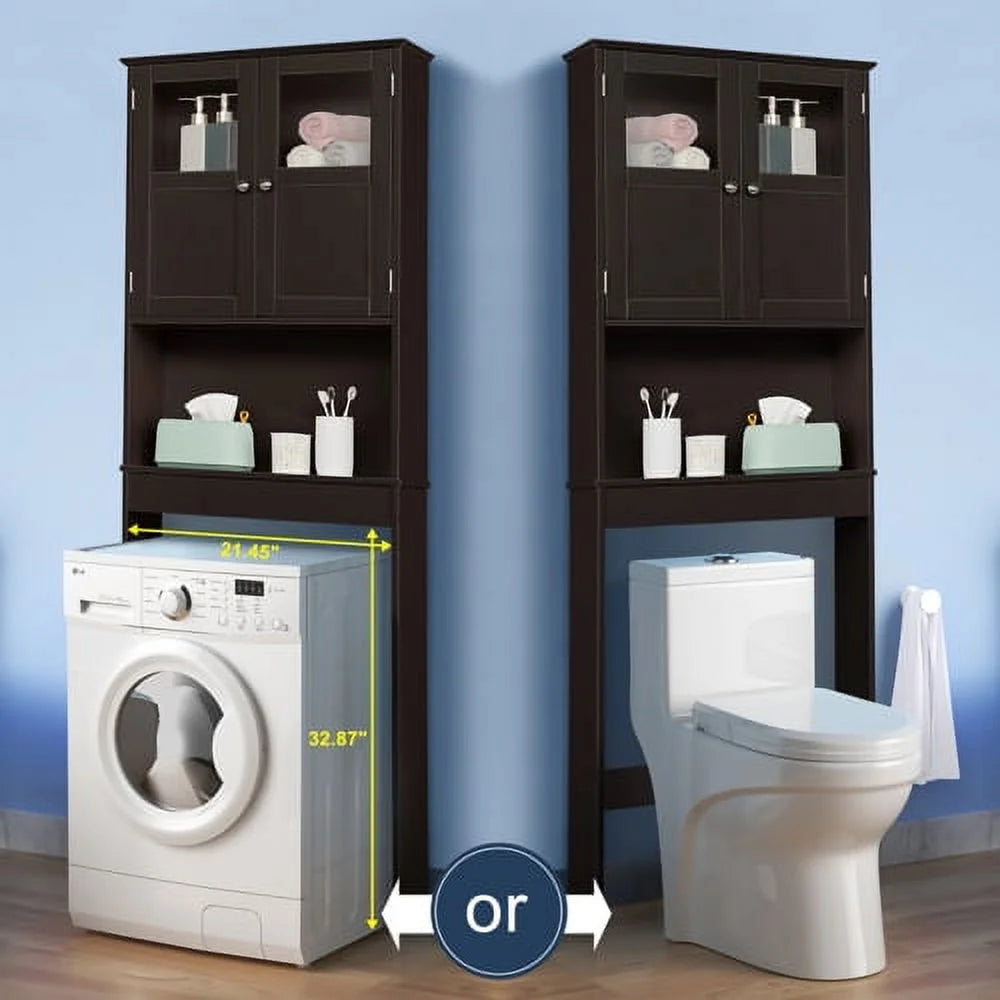 VINGLI Brown Over The Toilet Storage Cabinet, Adjustable Shelf, Double Acrylic Glass Doors