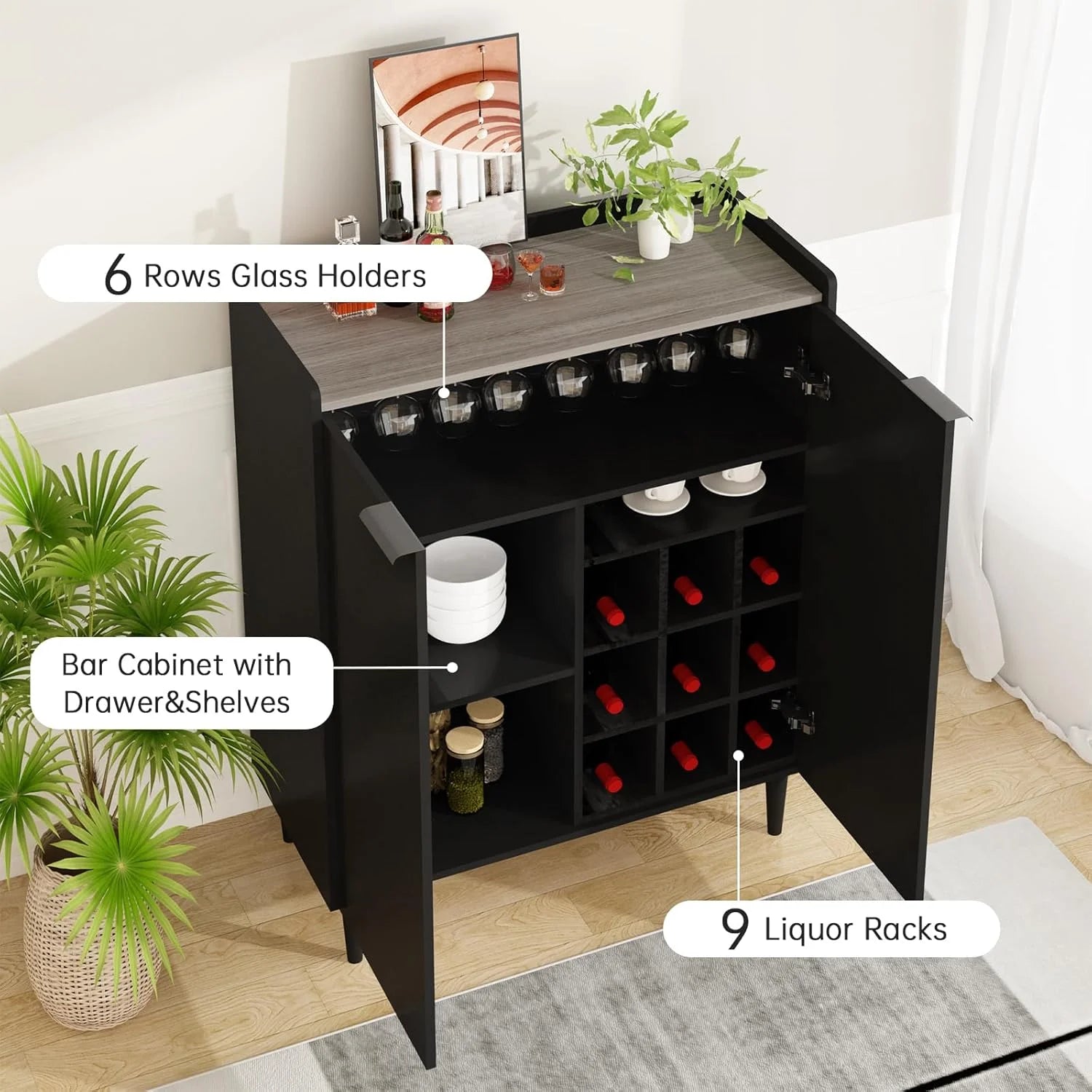 Lamerge Bar Cabinet, Black Industrial Bar Cabinet for Wine Glasses and Glasses, 37 Inch with Removable Wine Rack for Kitchen, Living Room Black