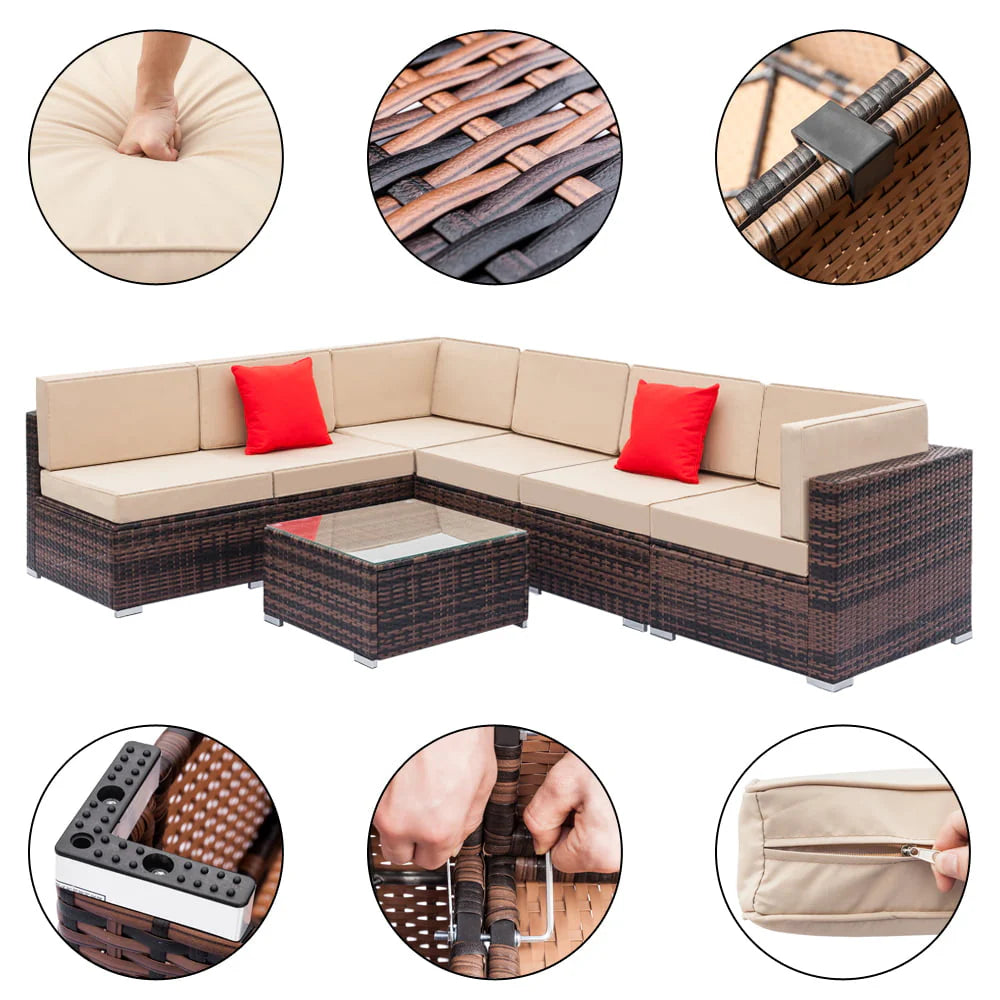 Wicker Patio Sofa Sets, 7 Pieces Outdoor Seating Sets, Lounge Sofa and Tempered Glass Coffee Table, Deck Front Garden Furniture Set, Brown Rattan + Beige Cushion
