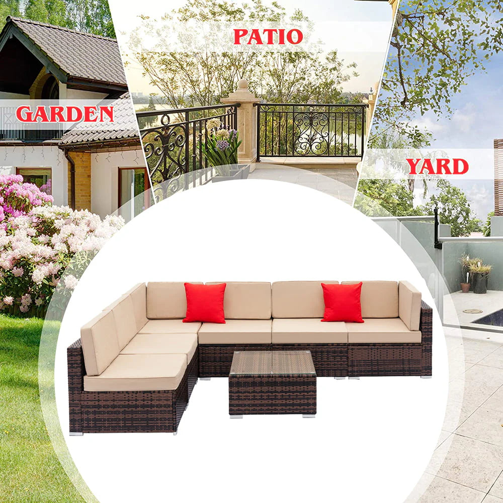 Patio Furniture Sets, 7-Piece Wicker Patio Conversation Furniture Set w/6 Seats, 1PC Tempered Glass Table, 6 Weather-Resistant Cushions, 2 Red Pillows for Backyard Porch Lawn Pool, Q2353