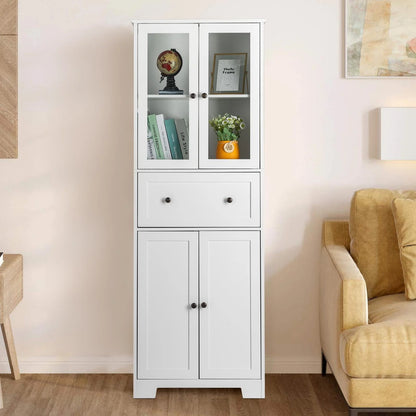 Ktaxon 64" Tall Bathroom Storage Cabinet Organizer, Freestanding Kitchen Pantry Cabinet Line Tower with 2 Glass Doors, Large Drawer & 4 Adjustable Shelves for Dining Room Living Room Home Office,White