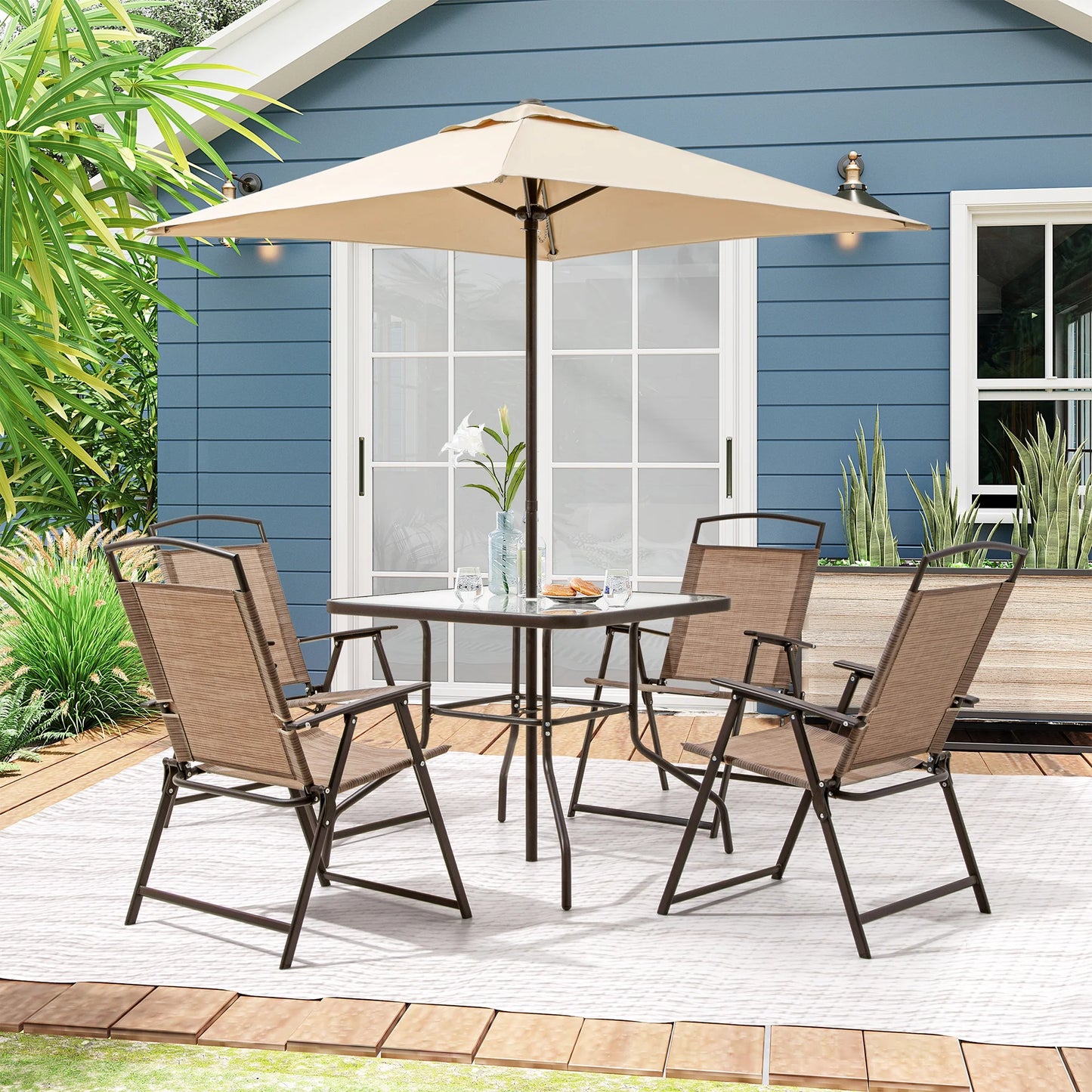 Pellebant 6 Pcs Metal & Glass Patio Dinning Set and Umbrella in Beige
