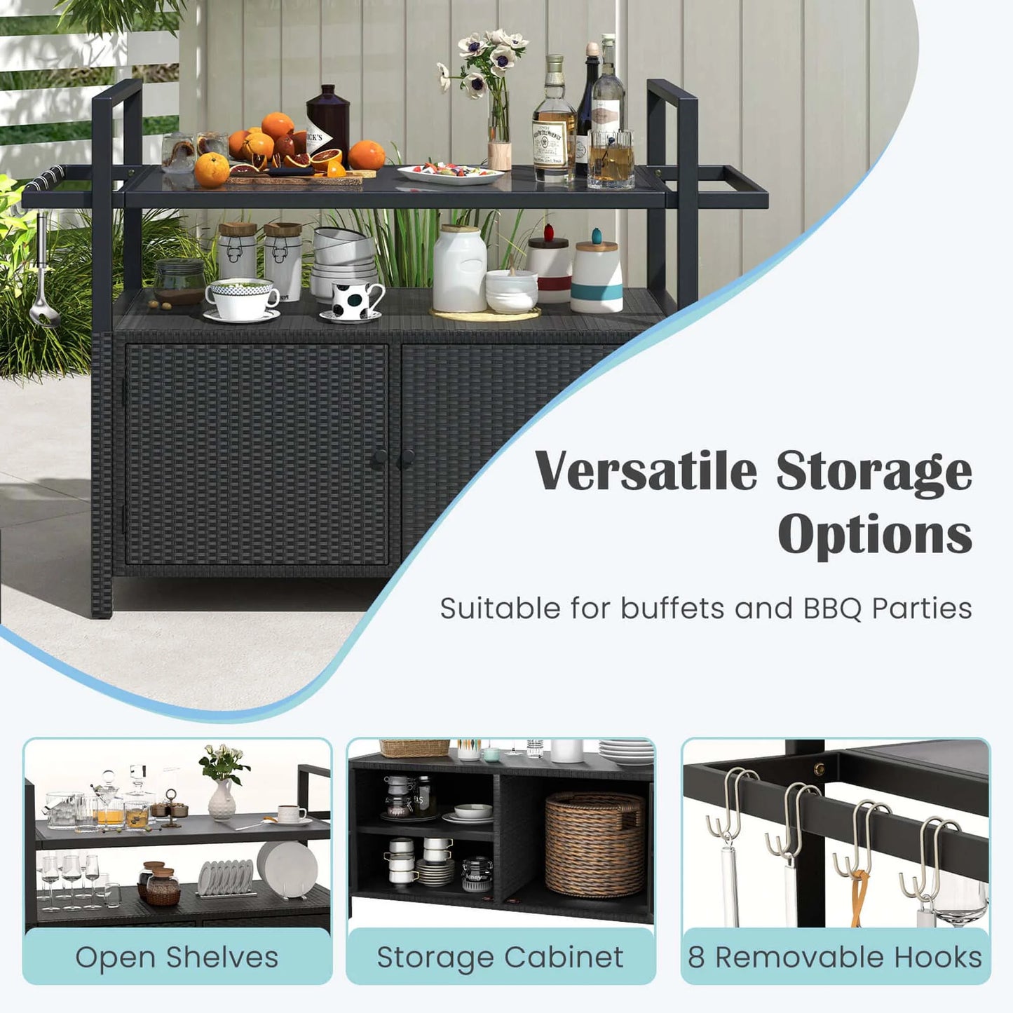 Costway Outdoor Bar Cart with Tempered Glass Top Storage Cabinet & 8 Hooks for Porch