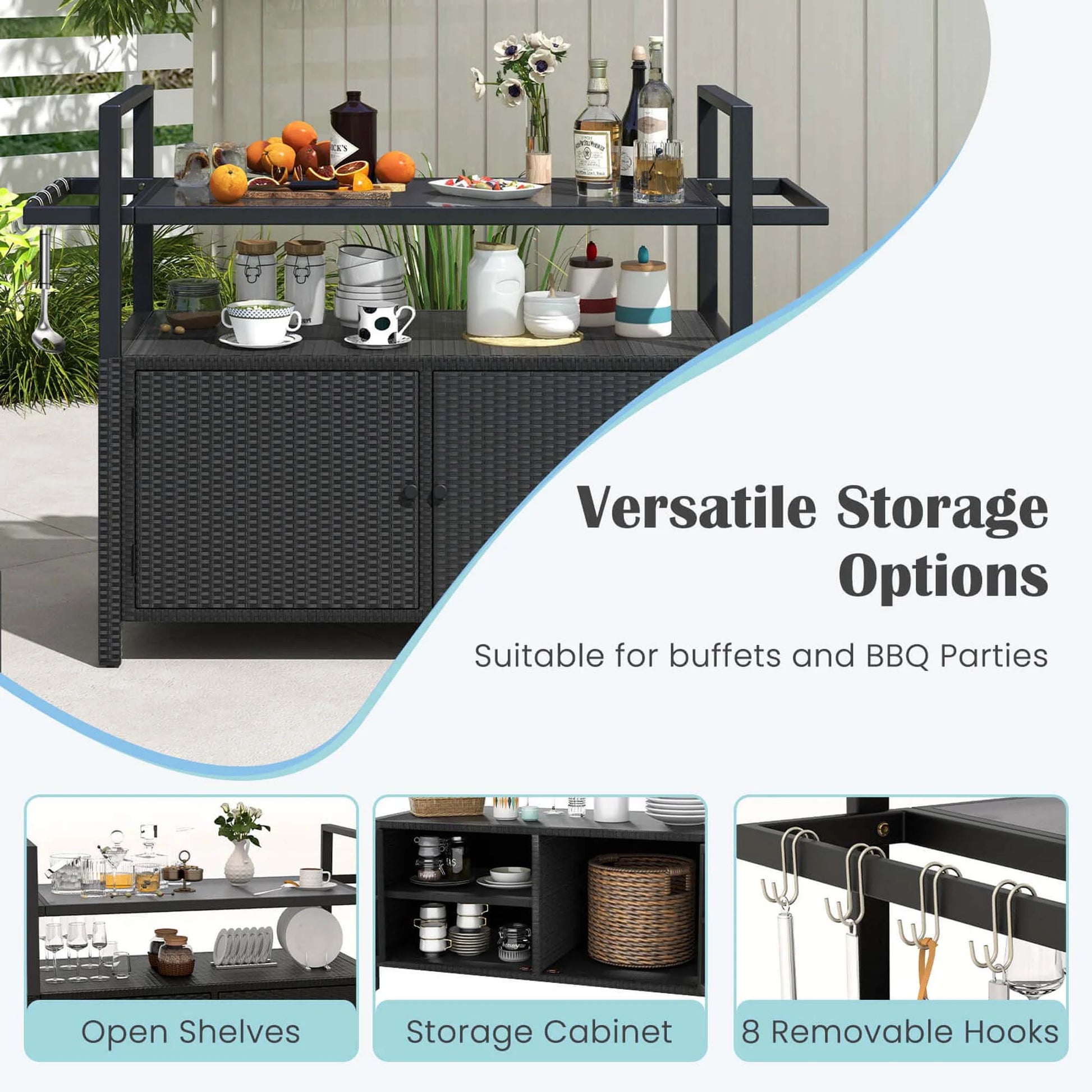 Costway Outdoor Bar Cart with Tempered Glass Top Storage Cabinet & 8 Hooks for Porch
