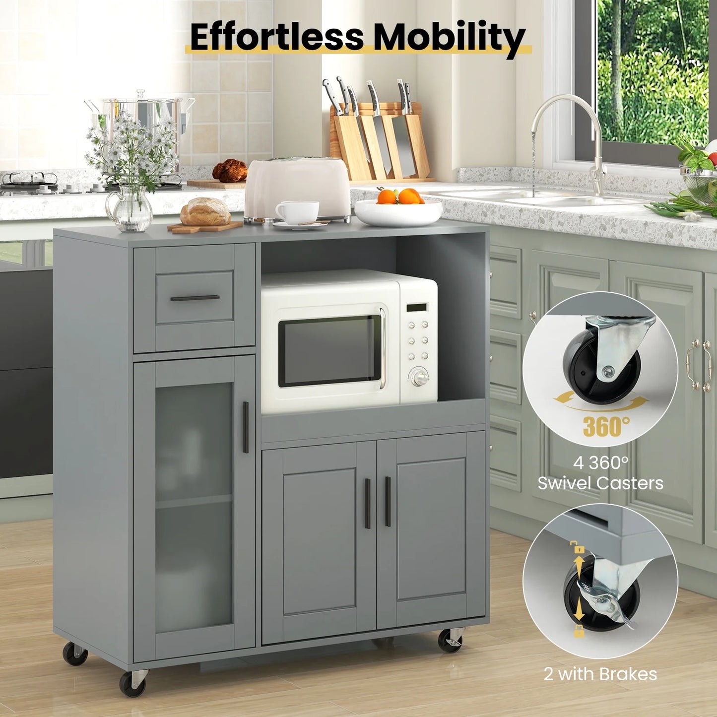 Topbuy Rolling Kitchen Island with Wheels Kitchen Cartwith Drawer and Glass Door Cabinet