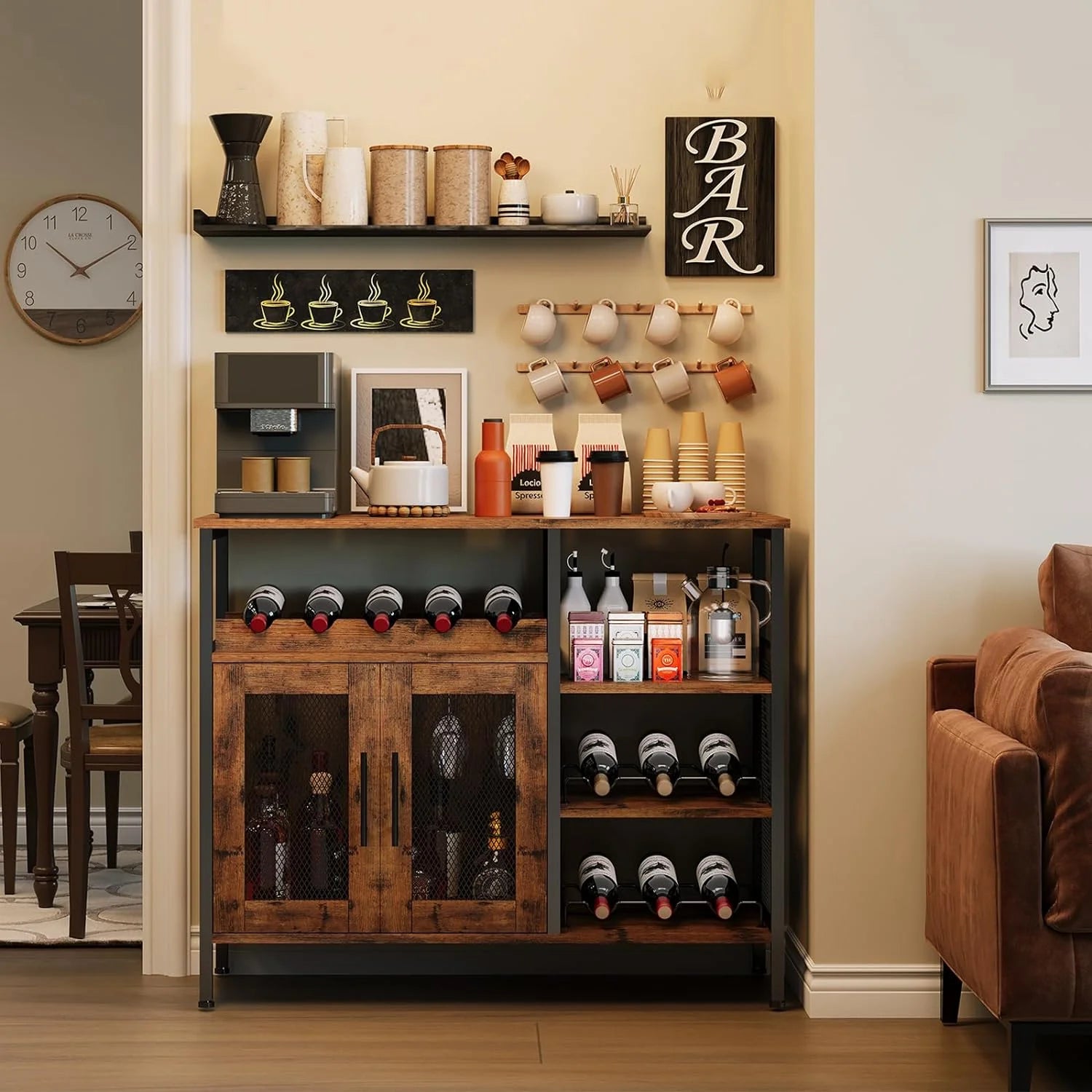 x-Cosrack Wine Bar Cabinet with Detachable Wine Rack, Coffee Bar Cabinet with Glass Holder and Mesh Door, Rustic Brown