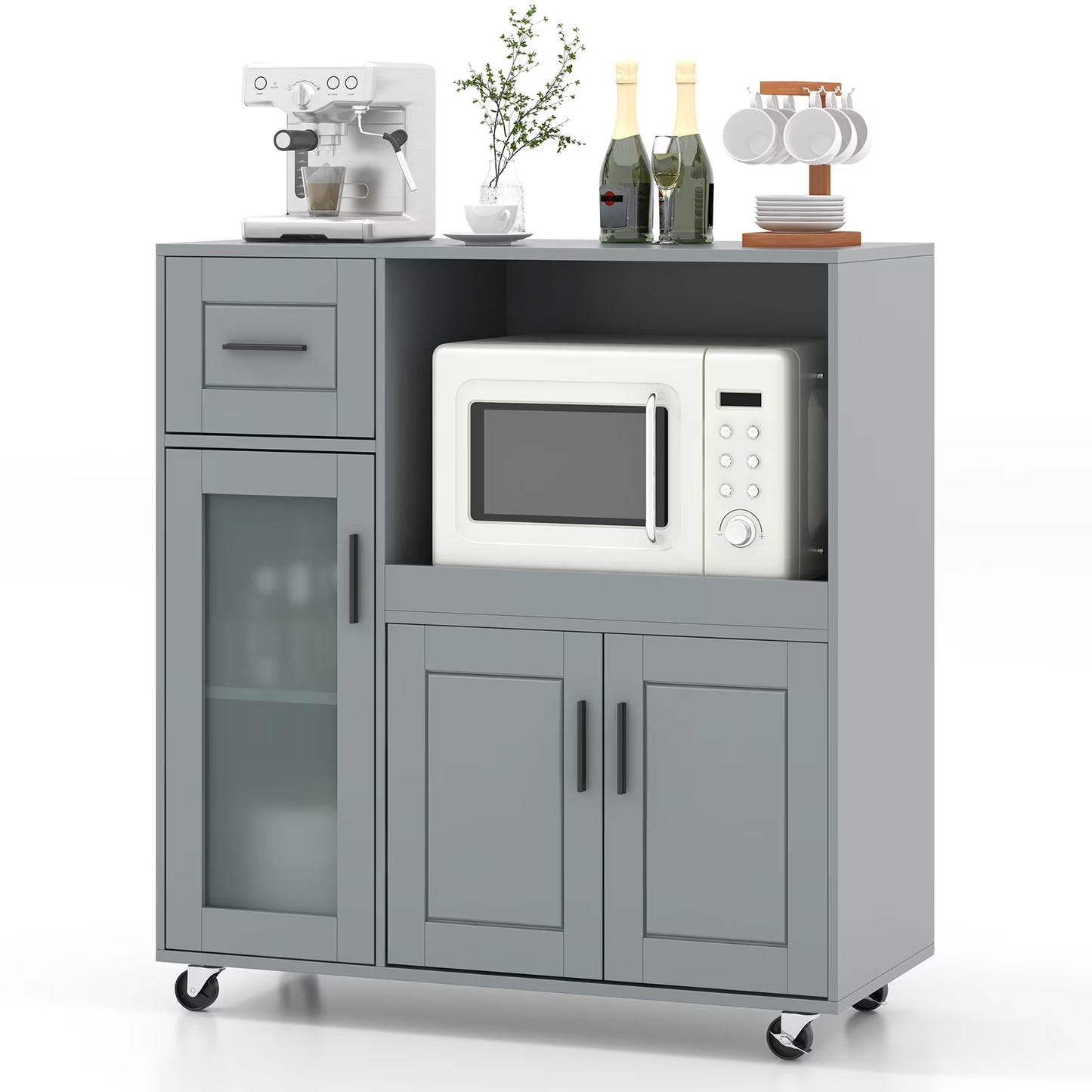 Topbuy Rolling Kitchen Island with Wheels Kitchen Cartwith Drawer and Glass Door Cabinet