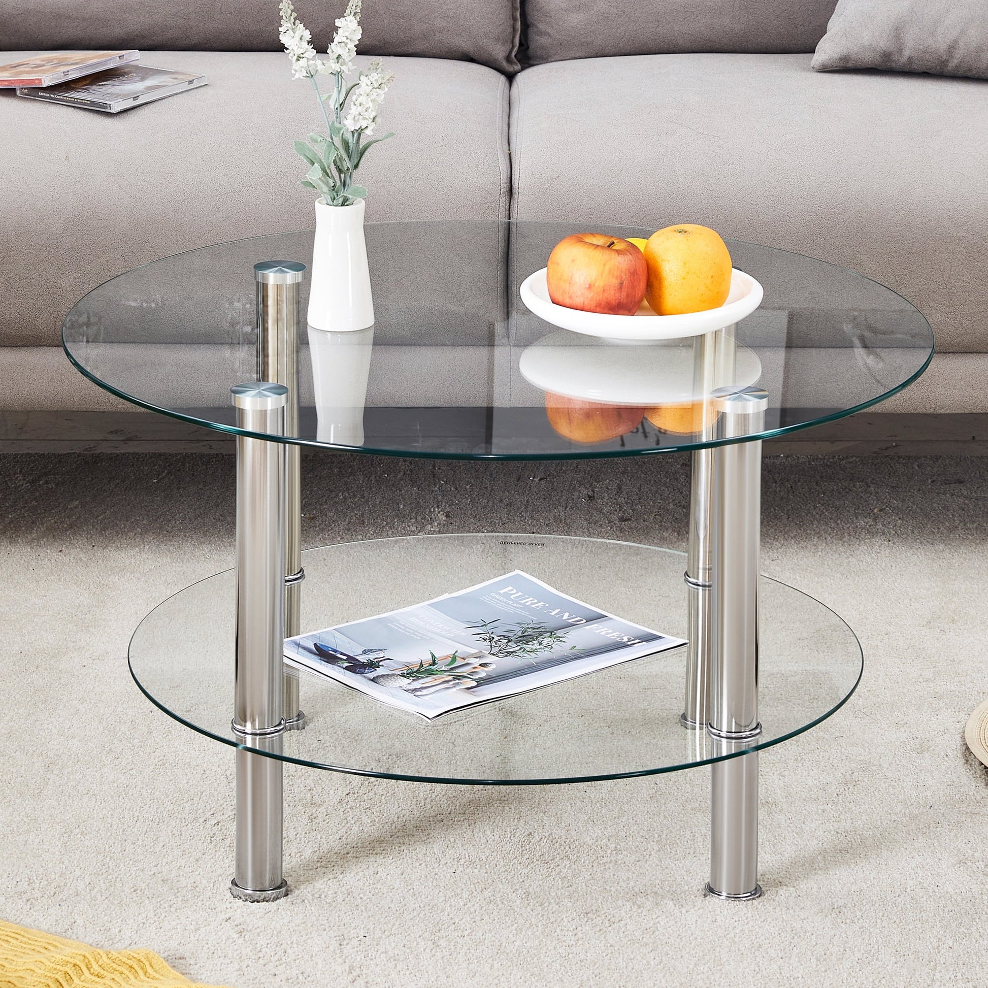 Coffee Tables Contemporary Minimalist Double Layer Tempered Glass Coffee Table - 27.5" Top and 23.6" Bottom.Reinforced Glass Tabletop,Stainless Steel Silver Plated Legs.,End Tables