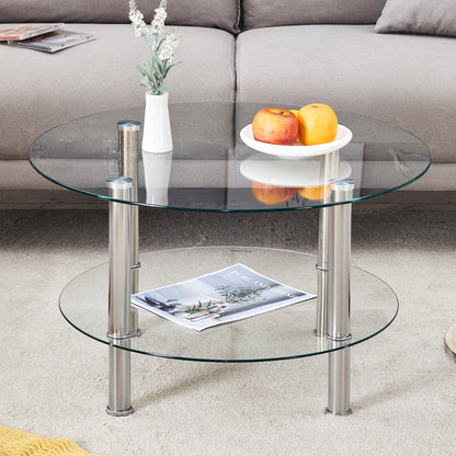 Coffee Tables Contemporary Minimalist Double Layer Tempered Glass Coffee Table - 27.5" Top and 23.6" Bottom.Reinforced Glass Tabletop,Stainless Steel Silver Plated Legs.,End Tables