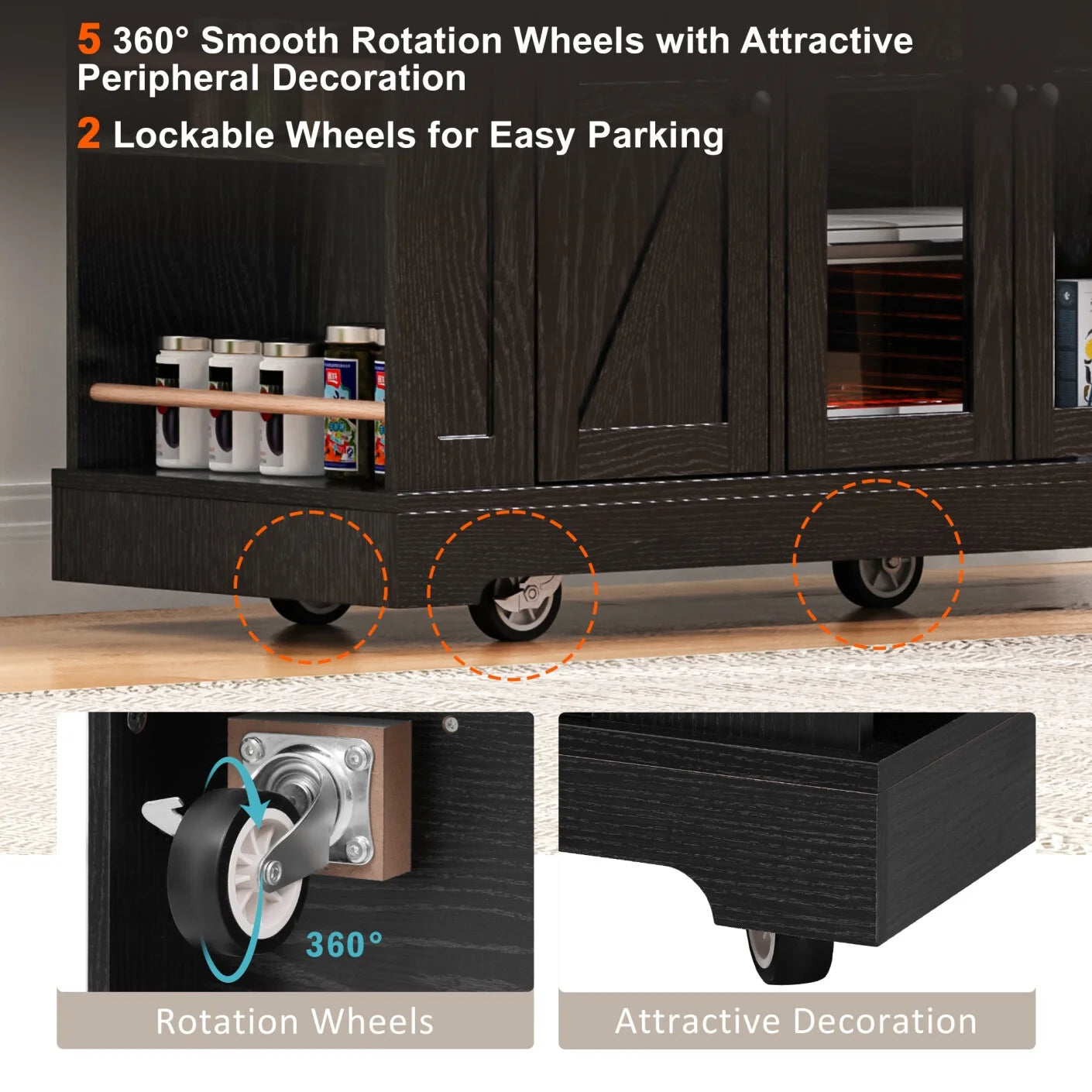 53'' Farmhouse Kitchen Island with Two Tempered Glass Cabinet Doors, Kitchen Rolling Island with Power Outlet 5 Open Side Racks and 3 Drawers,Mobile Island Table for Kitchen, Dining Room,Black