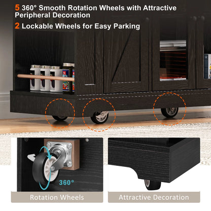 53'' Farmhouse Kitchen Island with Two Tempered Glass Cabinet Doors, Kitchen Rolling Island with Power Outlet 5 Open Side Racks and 3 Drawers,Mobile Island Table for Kitchen, Dining Room,Black