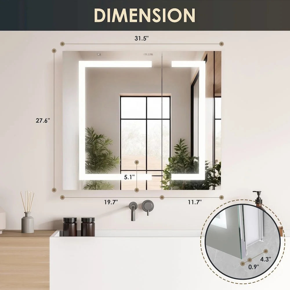 Hemnes 32" Frameless Silver Glass LED Lighted Bathroom Medicine Cabinet
