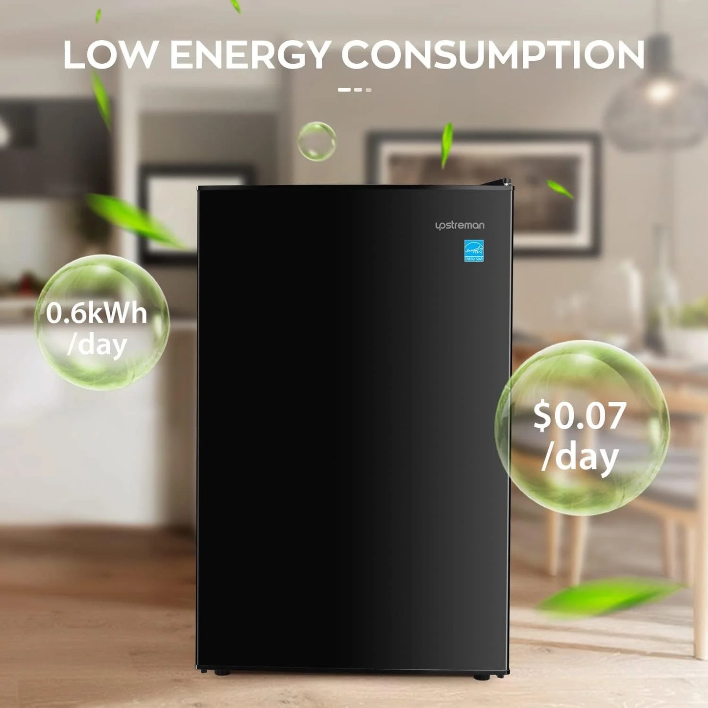 Upstreman 4.5 Cu. Ft. Compact Refrigerator with Freezer, Single Door Mini Fridge Small Refrigerator, 3 Removable Glass Shelves, Adjustable Thermostat, Black FR45