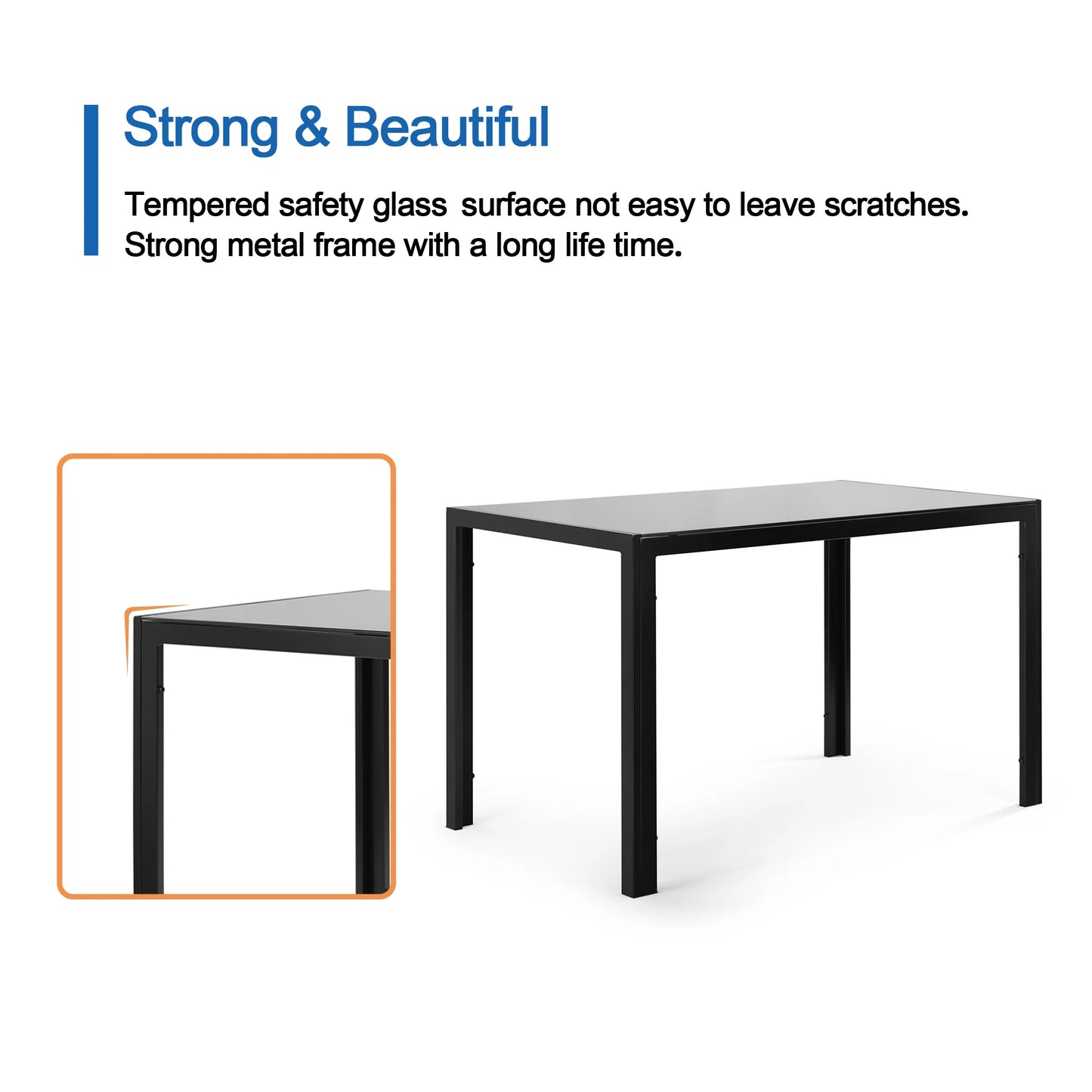 PAPROOS Glass Dining Table, Modern Rectangular Dining Room Table, Kitchen Tempered Glass Dining Table with 4 Square Metal Legs, Heavy Duty Dinette Table for 4, Black