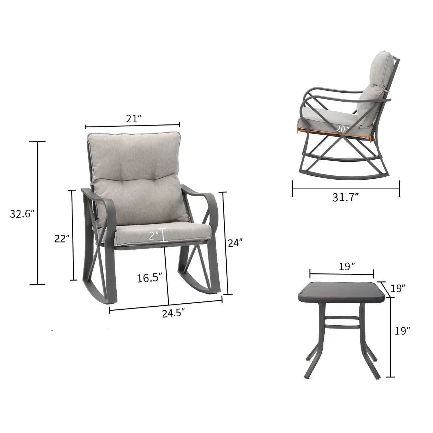 COSIEST 3 Piece Rocking Chair Bistro Set, Patio Outdoor Furniture w Cushions, Glass-Top Table