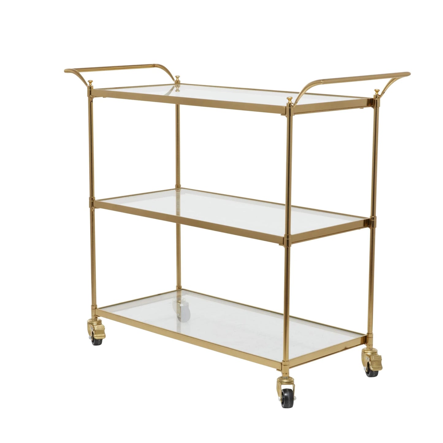 DecMode Traditional 3 Tier Gold Metal Bar Cart with Transparent Glass Shelves, 38"W x 31"H