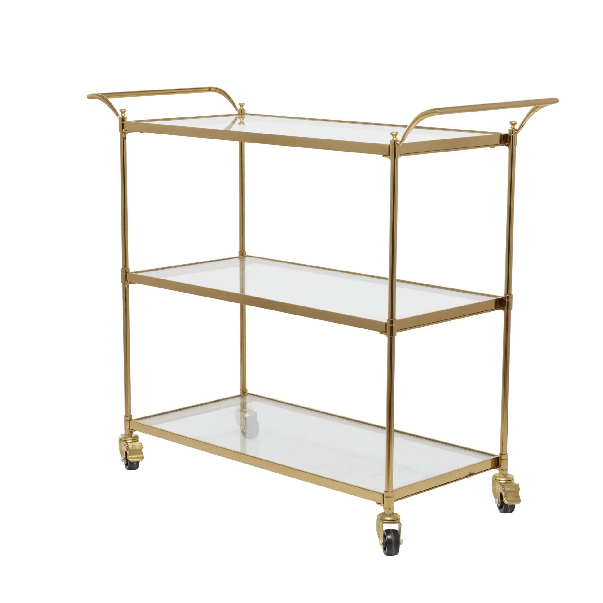 DecMode Traditional 3 Tier Gold Metal Bar Cart with Transparent Glass Shelves, 38"W x 31"H