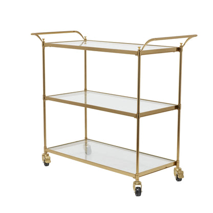 DecMode Traditional 3 Tier Gold Metal Bar Cart with Transparent Glass Shelves, 38"W x 31"H