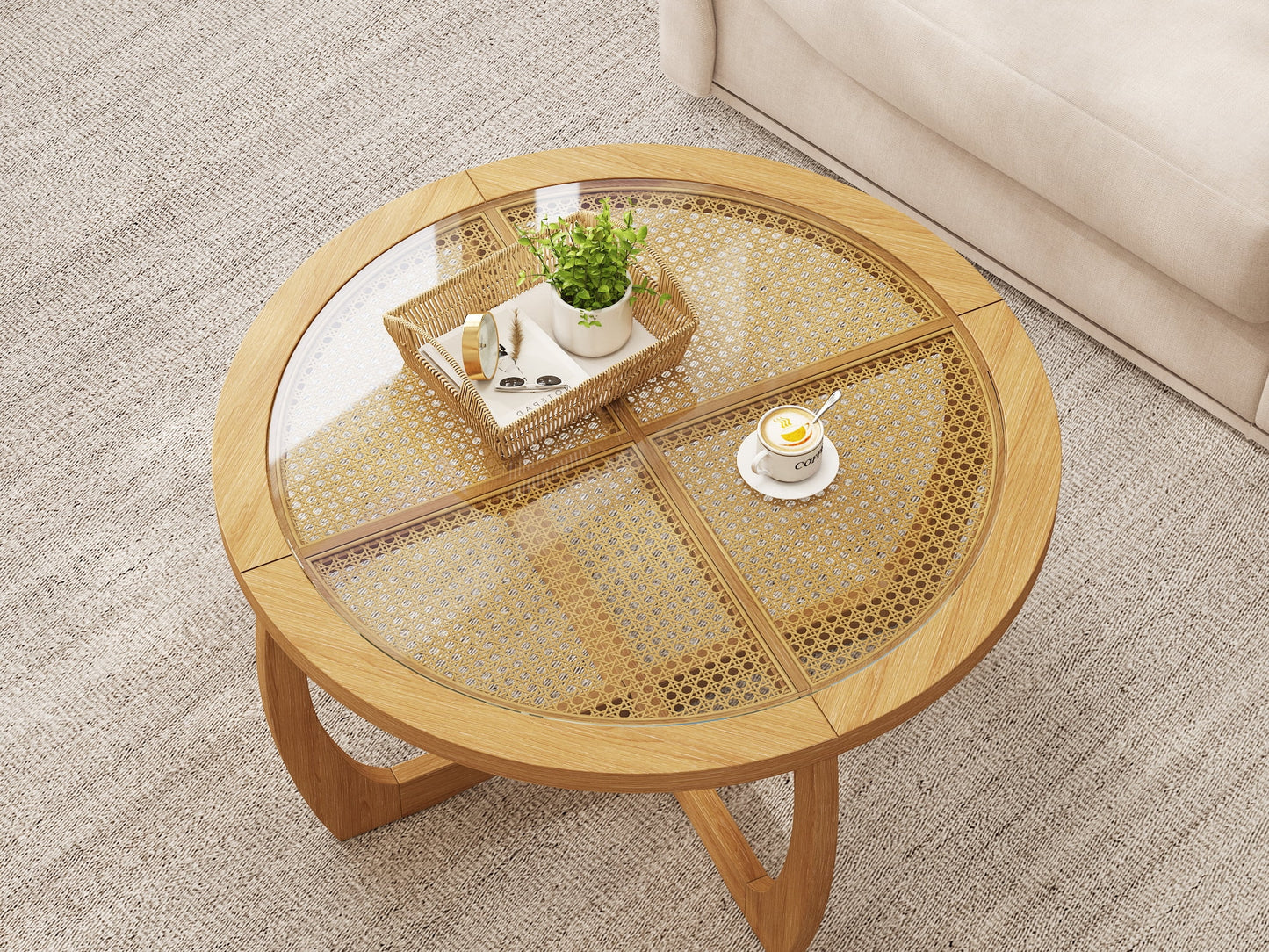 Round Wood Coffee Table with Glass Rattan Top, Wooden Circle Center Table with Curved Legs & Removeable Tempered Glasstop, Cocktail Table for Living Room, Light Brown 32.28" x 18.15"