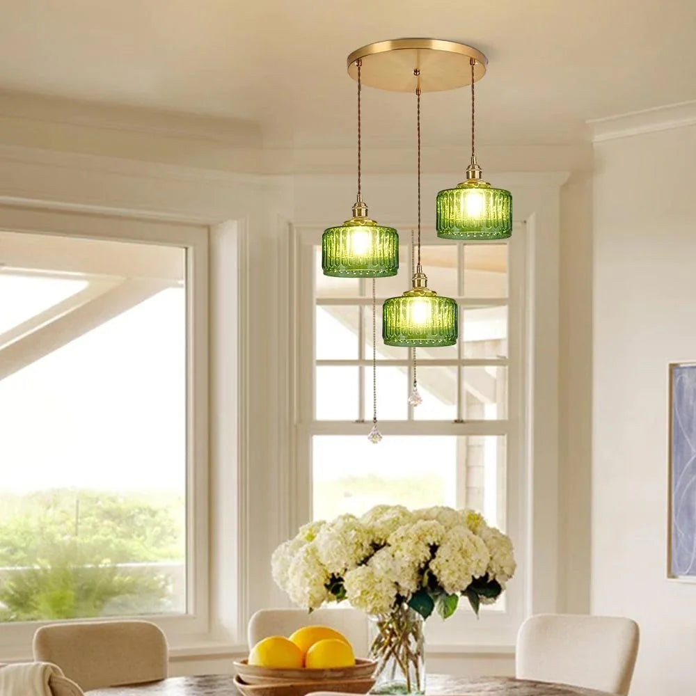 Arturesthome Classic Vintage Green Glass Pendant Light Cylinder Wavy Small Light Fixture