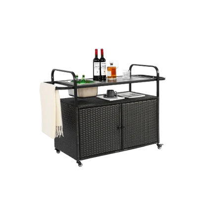 Yiweny Outdoor Rolling Wicker Bar Cart, Large Portable Outdoor Wicker Bar Table with Cabinet Storage and Glass Countertop, Patio Wicker Serving Bar Cart for Pool, Party, Backyard, Black