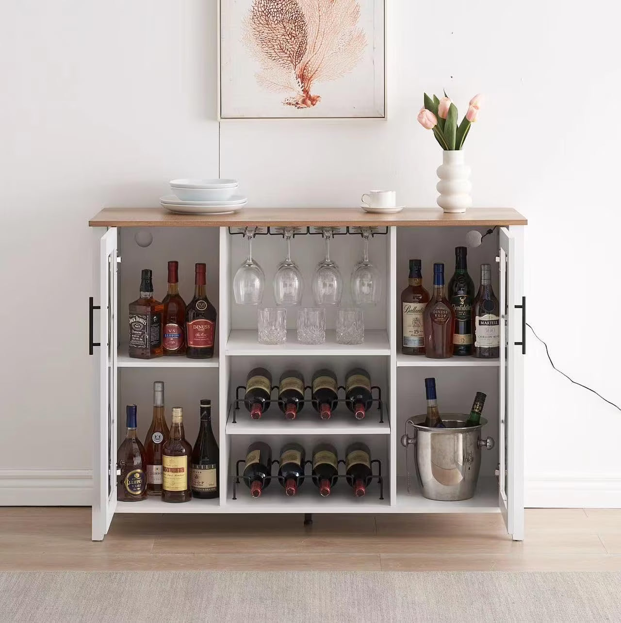 Huloretions Wine Bar Cabinet with LED Light,Modern Liquor Cabinet,Kitchen Buffet Sideboard with Storage Cabinet& Drawers,Coffee Cabinet with Wine and Glass Rack for Home