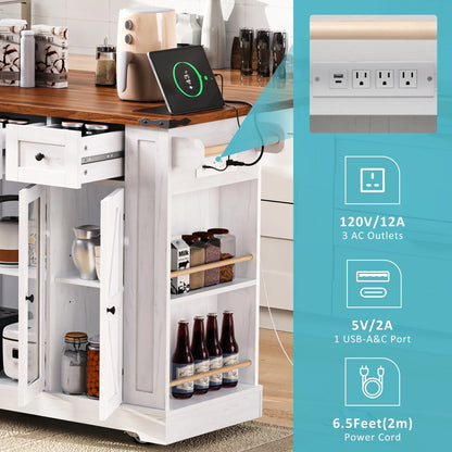 Euroco 53'' Farmhouse Kitchen Island with Two Tempered Glass Cabinet DoorsRolling Kitchen Cart on Wheels