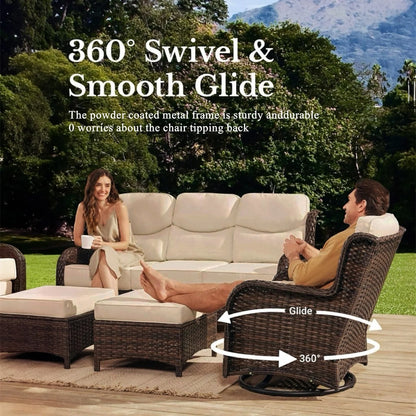 Bellefurn Luxury Outdoor Patio Furniture Set,Swivel Rocker Patio Chairs with 6-inch Thick Cushion,Patio Sofa and Glass Coffee Table,Outdoor Conversation Set for Porch, Deck, Yard
