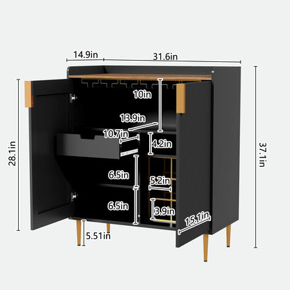 CBJCBJ 32" Wine Bar Cabinet with 2 Door Fluted Texture, Modern Coffee Cabinet with Rack& Glass Holder, Black