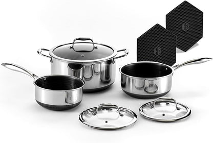 Hybrid Nonstick 6-Piece Pot Set with 2 Silicone Trivets, 2, 3, and 8-Quart Pots with Tempered Glass Lids, Stay-Cool Handles, Dishwasher-Friendly, Induction Ready, Compatible with All Cooktops