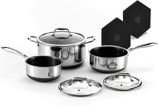 Hybrid Nonstick 6-Piece Pot Set with 2 Silicone Trivets, 2, 3, and 8-Quart Pots with Tempered Glass Lids, Stay-Cool Handles, Dishwasher-Friendly, Induction Ready, Compatible with All Cooktops