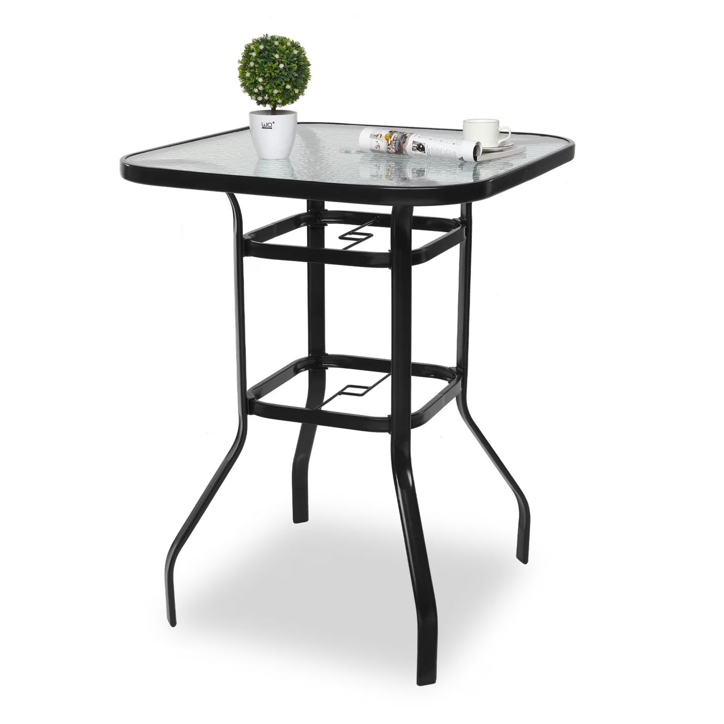 Ktaxon 31 Inch Patio Bar Table, Square Outdoor Bar Height Bistro Table with Tempered Glass Tabletop & Umbrella Hole, Outdoor Cocktail Table for Patio Yard Poolside, Brown
