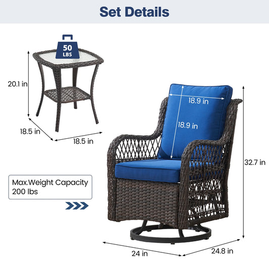 Twister.CK 3 Pieces Patio Furniture Set, Outdoor Swivel Gliders Rocker, Wicker Patio Bistro Set with Rattan Rocking Chair, Glass Top Side Table and Thickened Cushions for Porch Deck Backyard