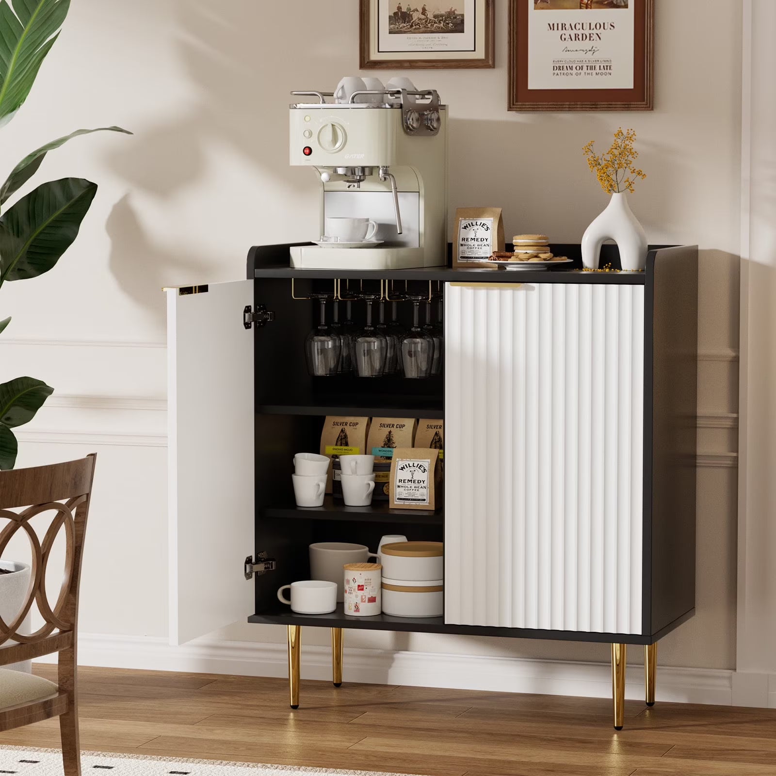 ERYTLLY Coffee Bar Cabinet with Wine Rack & Glass Holder, Kitchen Sideboard Buffet Cabinet with Storage,Wine Bar Cabinet with Fluted Doors for Living Room Dining, White