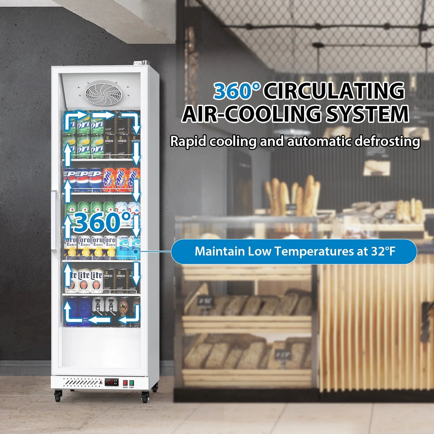 Garvee Commercial Refrigerator,12.4 Cu.ft Display Fridge Merchandiser Upright Beverage Cooler,Single Glass Door Fridge with Adjustable Shelves & LED Lighting,Black
