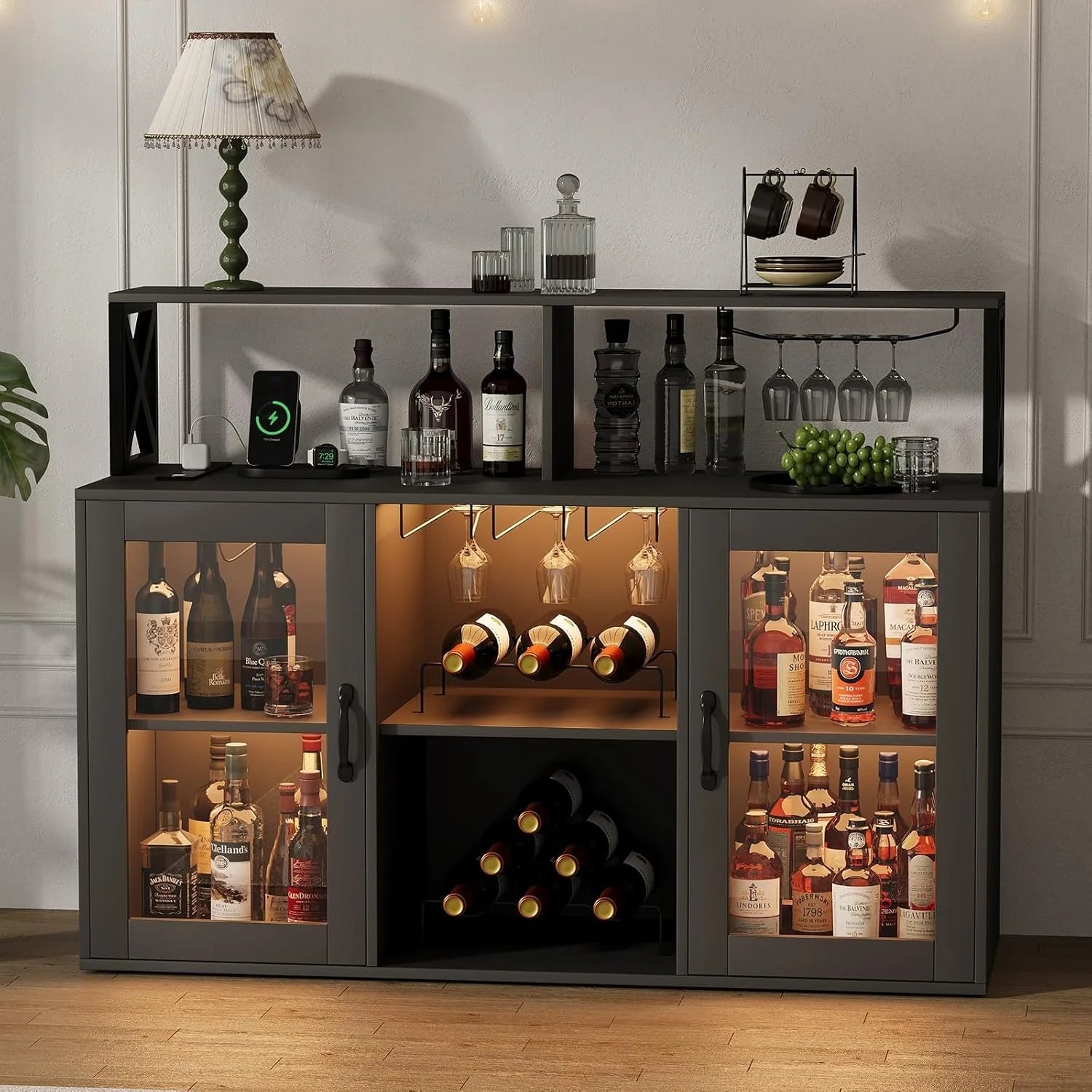 Luku Bar/Liquor Cabinet with Power Outlets Led Lights and Glass Holder, for Home, Kitchen, Gray