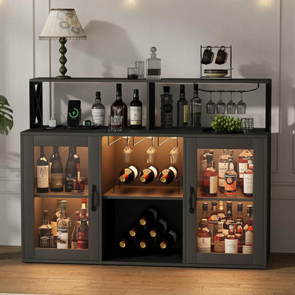 Luku Bar/Liquor Cabinet with Power Outlets Led Lights and Glass Holder, for Home, Kitchen, Gray