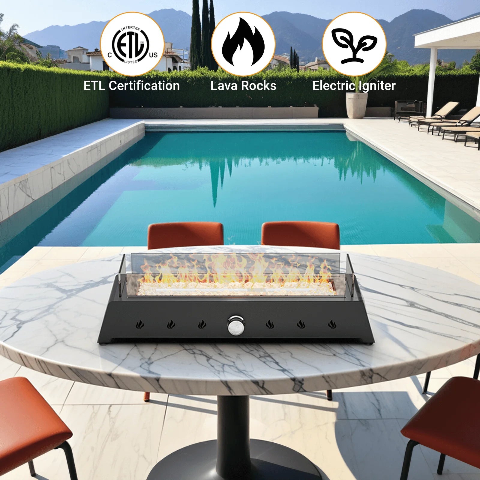 AJ Enjoy 40,000 BTU Tabletop Propane Fire Pit, 28'' Outdoor Rectangle Steel Fireplace with Wind Glass Shield, Laval Rocks
