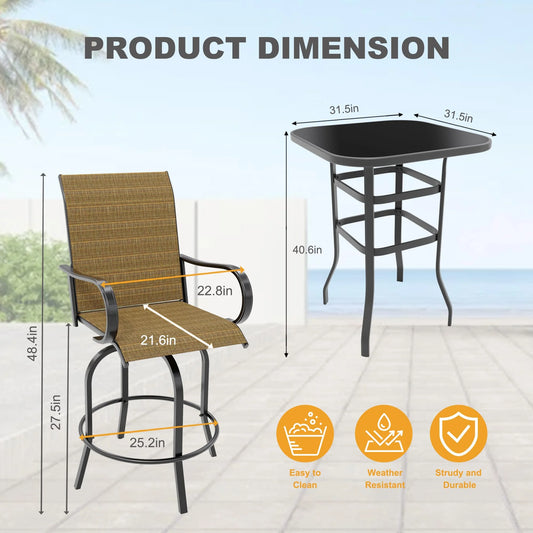Riedhoff 3-Piece Patio Bar Set with 2 Swivel Chairs & Glass Table,All-Weather,Textile Fabric,Gold