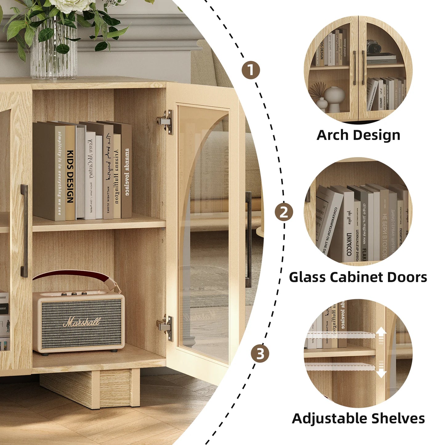 JOINICE Modern Accent Cabinet with Adjustable Shelves and Arched Glass Door,Buffet Cabinet with Storage,for Living Room,Dining Room,Entryway,Hallway,Black