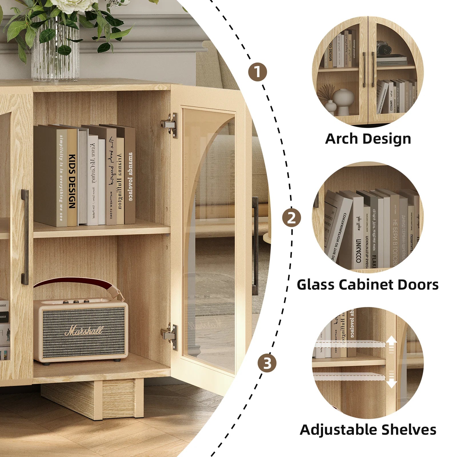 JOINICE Modern Accent Cabinet with Adjustable Shelves and Arched Glass Door,Buffet Cabinet with Storage,for Living Room,Dining Room,Entryway,Hallway,Black