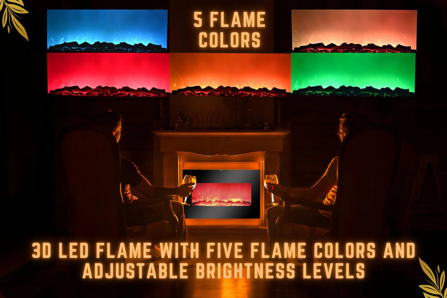 AGL APPLIANCES LLC 38 Inch Electric Fireplace Heater Stove | Tempered Glass Curved Screen with Log or Crystal Effect | Wall-Mounted/Free Standing | Adjustable Brightness with Remote Control