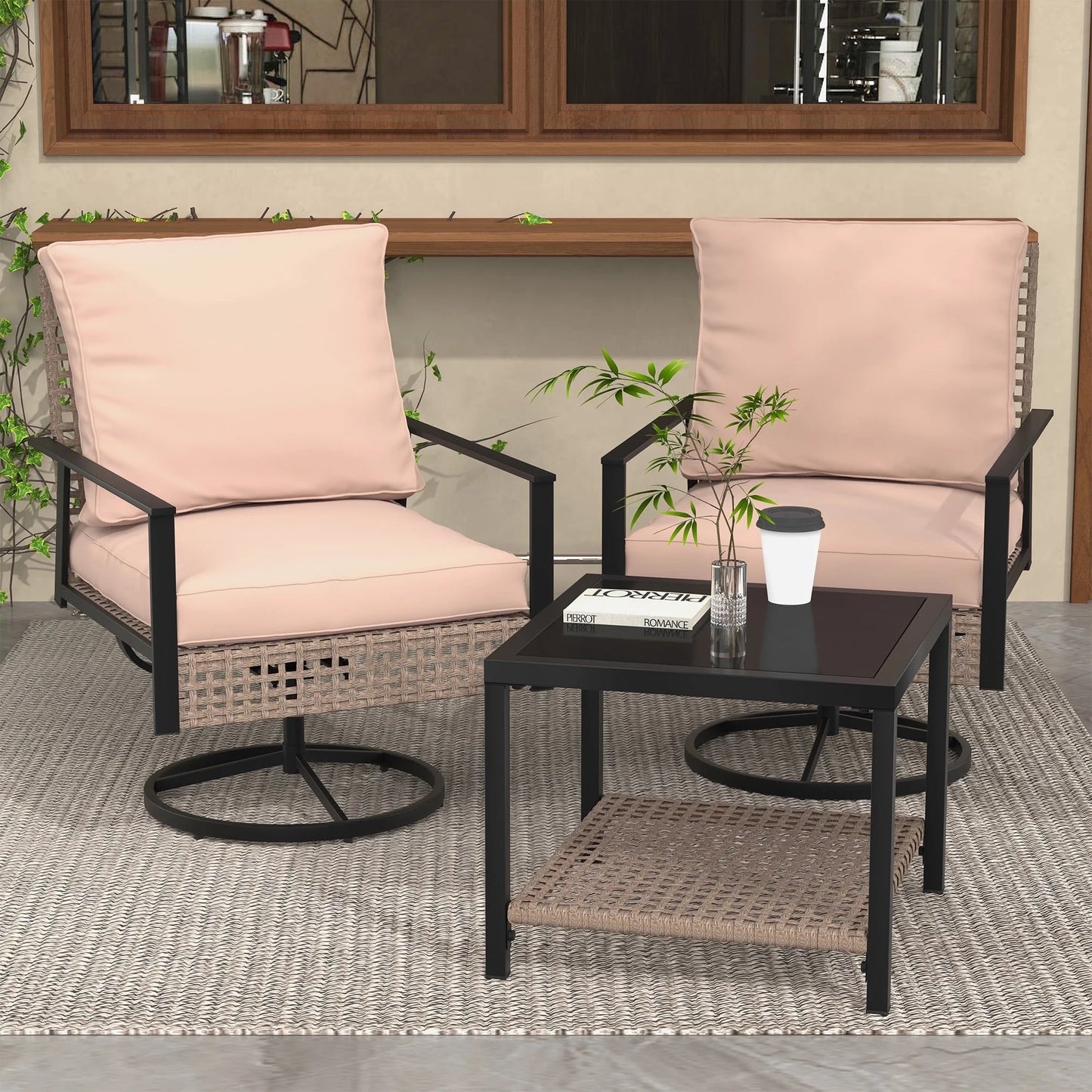 Ainfox Premium Patio Swivel Bistro Set,3-Piece Ourdoor Furniture Set,Wicker Rattan Coversation Rocking Chairs w/Glass Top Table & Cushions,Khaki