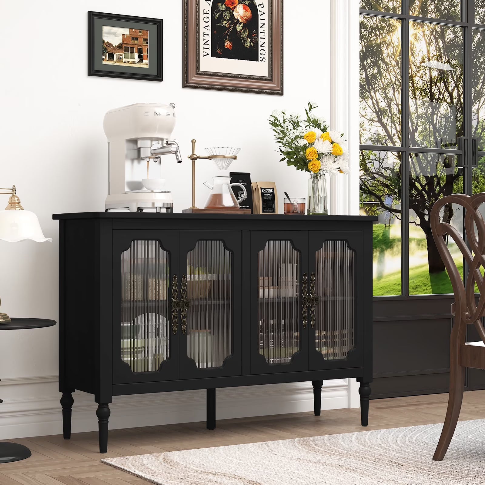 HLR 47.6" Modern Vintage Sideboards Buffet Cabinet with 4 Lattice Glass Door, Green