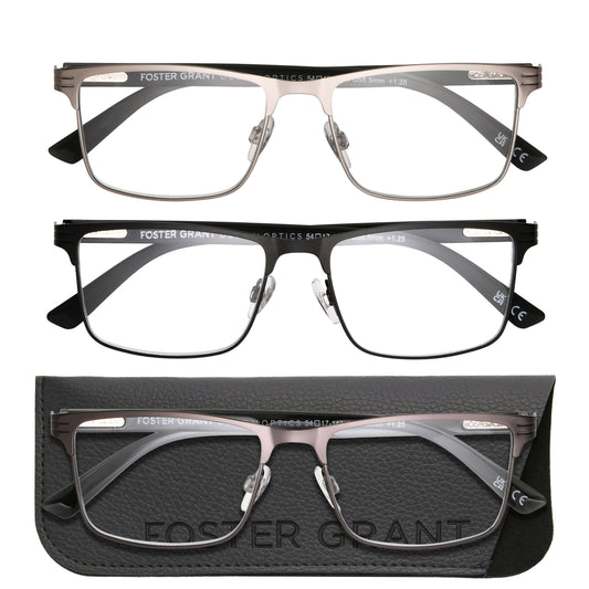 Design Optics by Foster Grant #668 Metal Square Reading Glasses, 3-pack