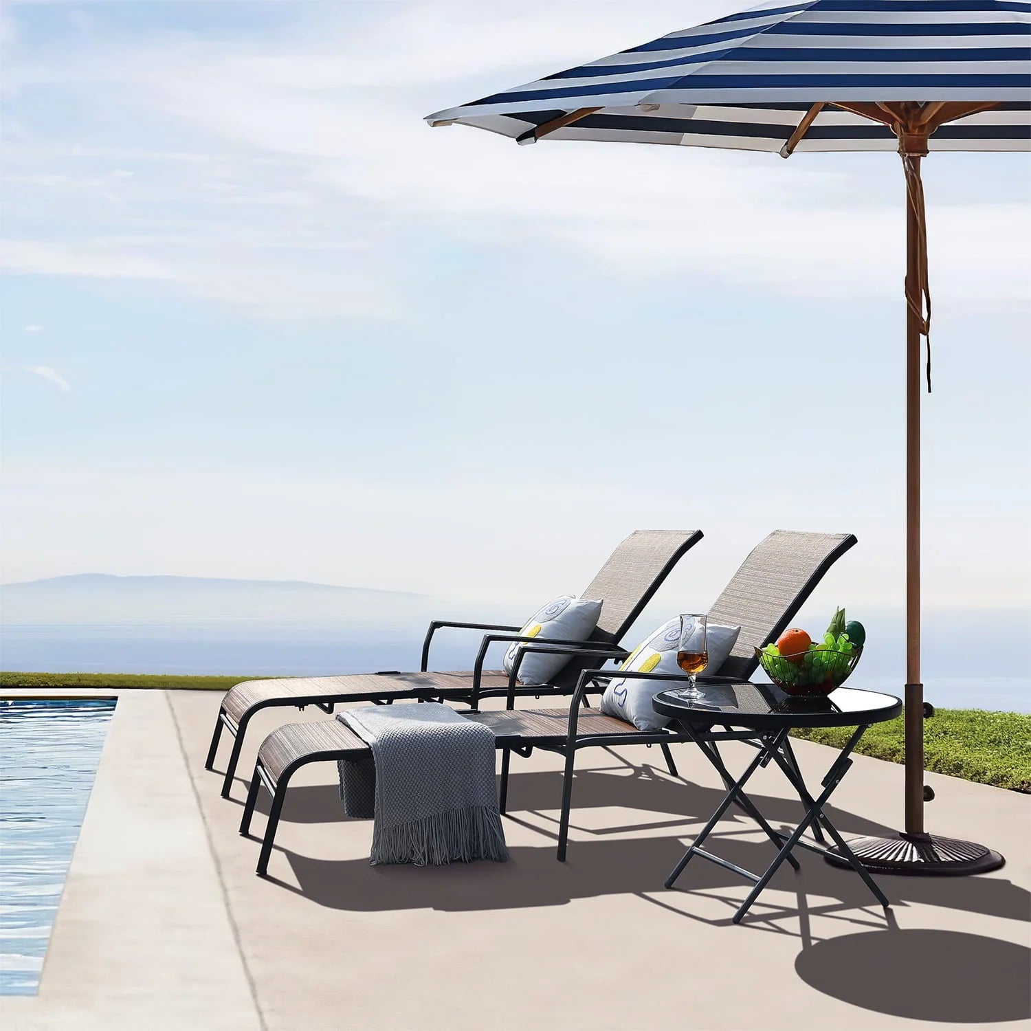 Devoko 3 Pcs Outdoor Chaise Lounge Steel Chair Sets Adjustable Backrest with Tempered Glass, Beige