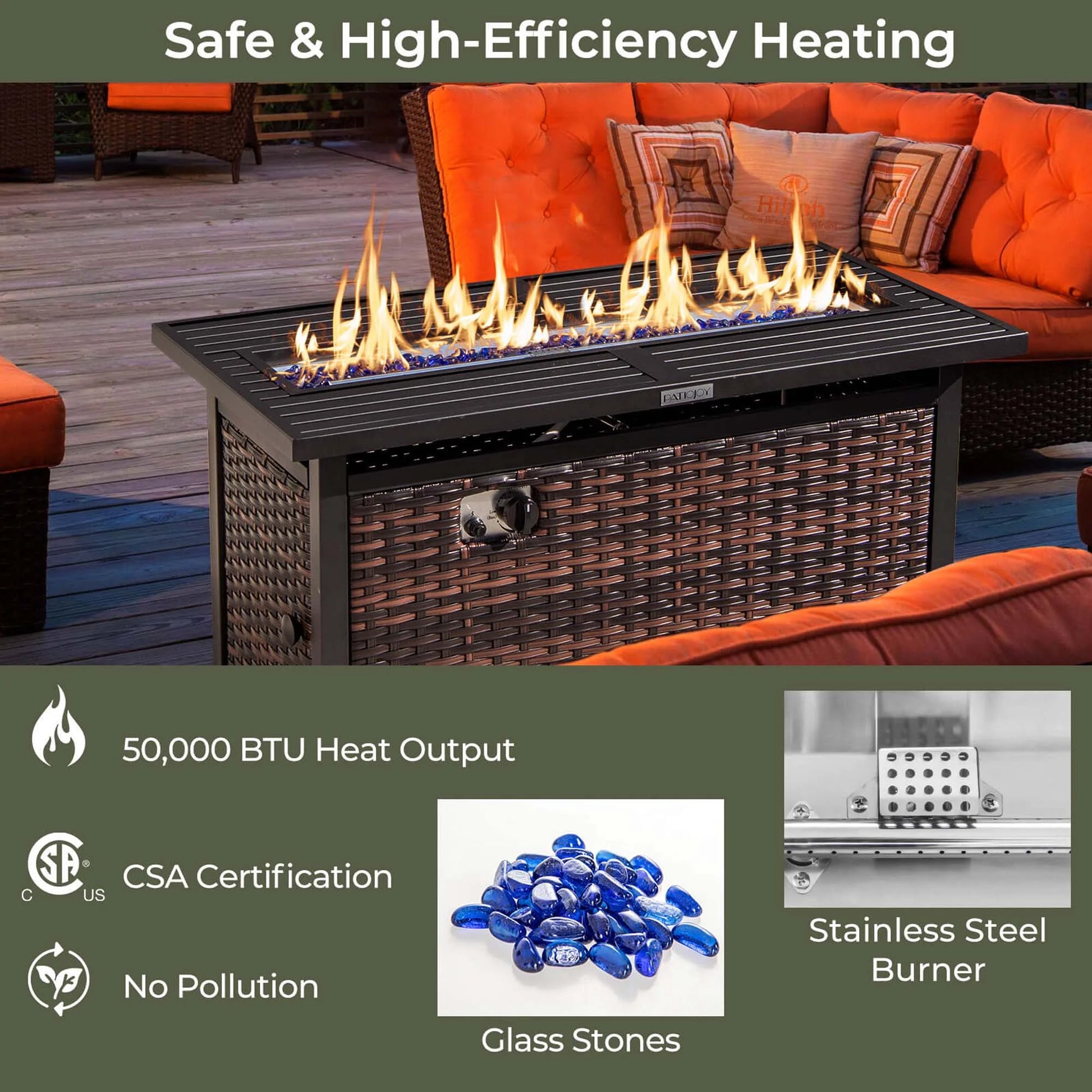 Costway 45" Propane Rattan Firepit Table with Glass Stones & Protective Cover Metal Frame