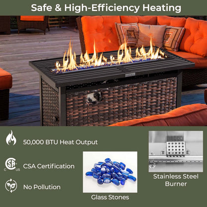 Costway 45" Propane Rattan Firepit Table with Glass Stones & Protective Cover Metal Frame