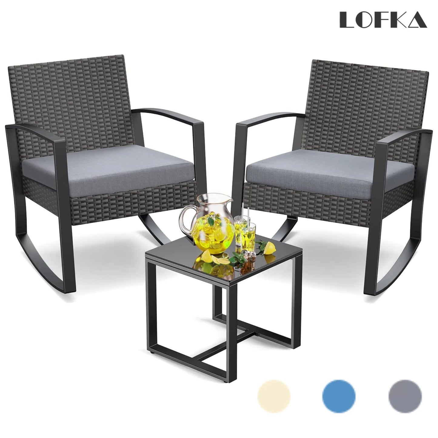 Patio Chairs Set, Outdoor Porch Balcony Furniture Set with Glass Coffee Table, Patio Rocking Wicker Chairs Set with Gray Cushion(Upgraded)