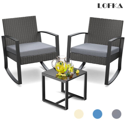 Patio Chairs Set, Outdoor Porch Balcony Furniture Set with Glass Coffee Table, Patio Rocking Wicker Chairs Set with Gray Cushion(Upgraded)
